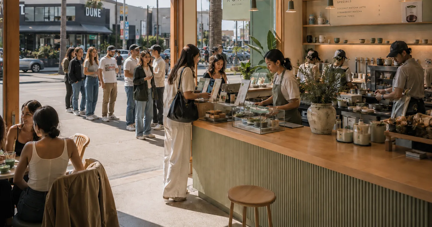 A long line of guests waiting outside the restaurant